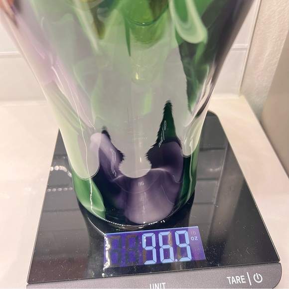 Hand Blown Art Glass Ruffled Swung Vase Abstract Green & Purple Fusion - Picture 13 of 16